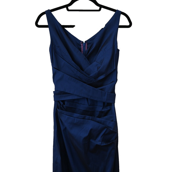 Talbot Runhof Maxi Dress Size 4 Blue Satin V-Neck Sleeveless Formal Evening Gown - Picture 2 of 10